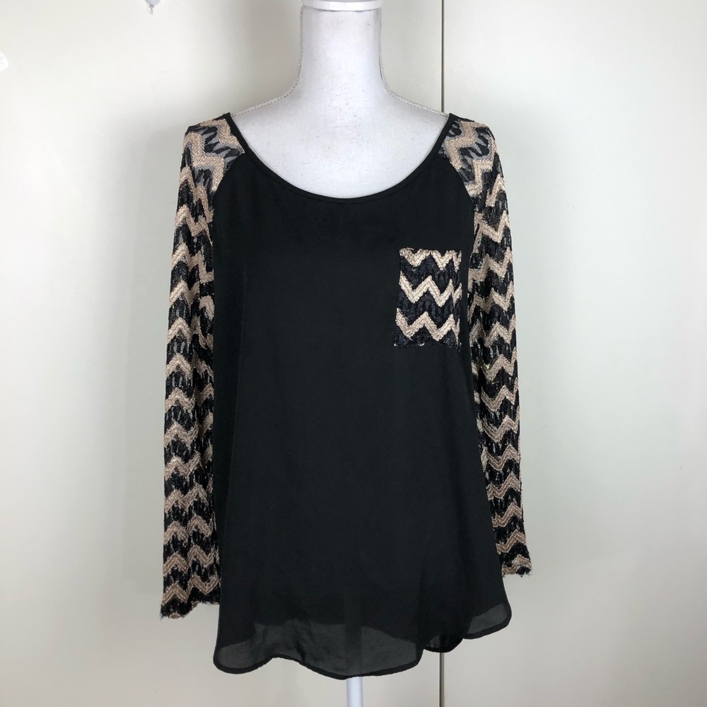 ING WOMENS TOP METALLIC CHEVRON SHEER SLEEVES SZ M